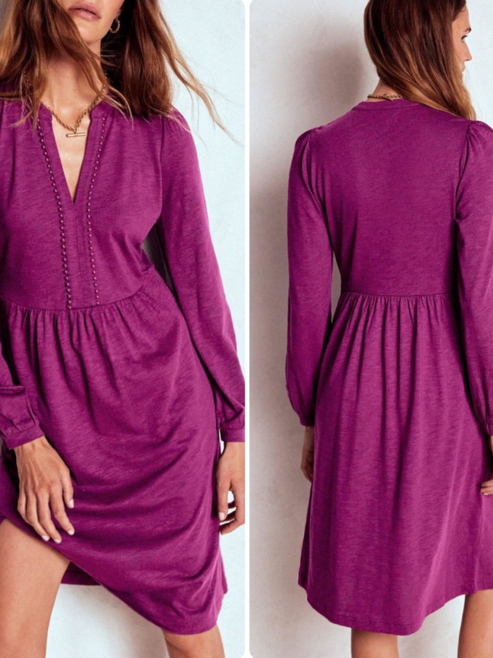 Boden Magenta Long Sleeve V-Neck Babydoll Dress
